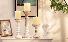 Load image into Gallery viewer, Nuptio Farmhouse Wooden Pillar Candle Holders Set of 3, sizes 6&quot;,8&quot;&amp;12&quot; Nature4uhome
