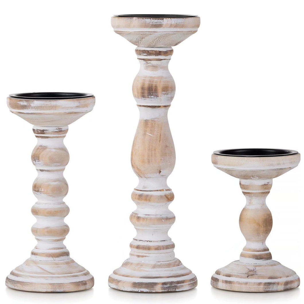 Nuptio Farmhouse Wooden Pillar Candle Holders Set of 3, sizes 6