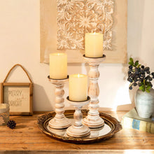 Load image into Gallery viewer, Nuptio Farmhouse Wooden Pillar Candle Holders Set of 3, sizes 6&quot;,8&quot;&amp;12&quot; Nature4uhome
