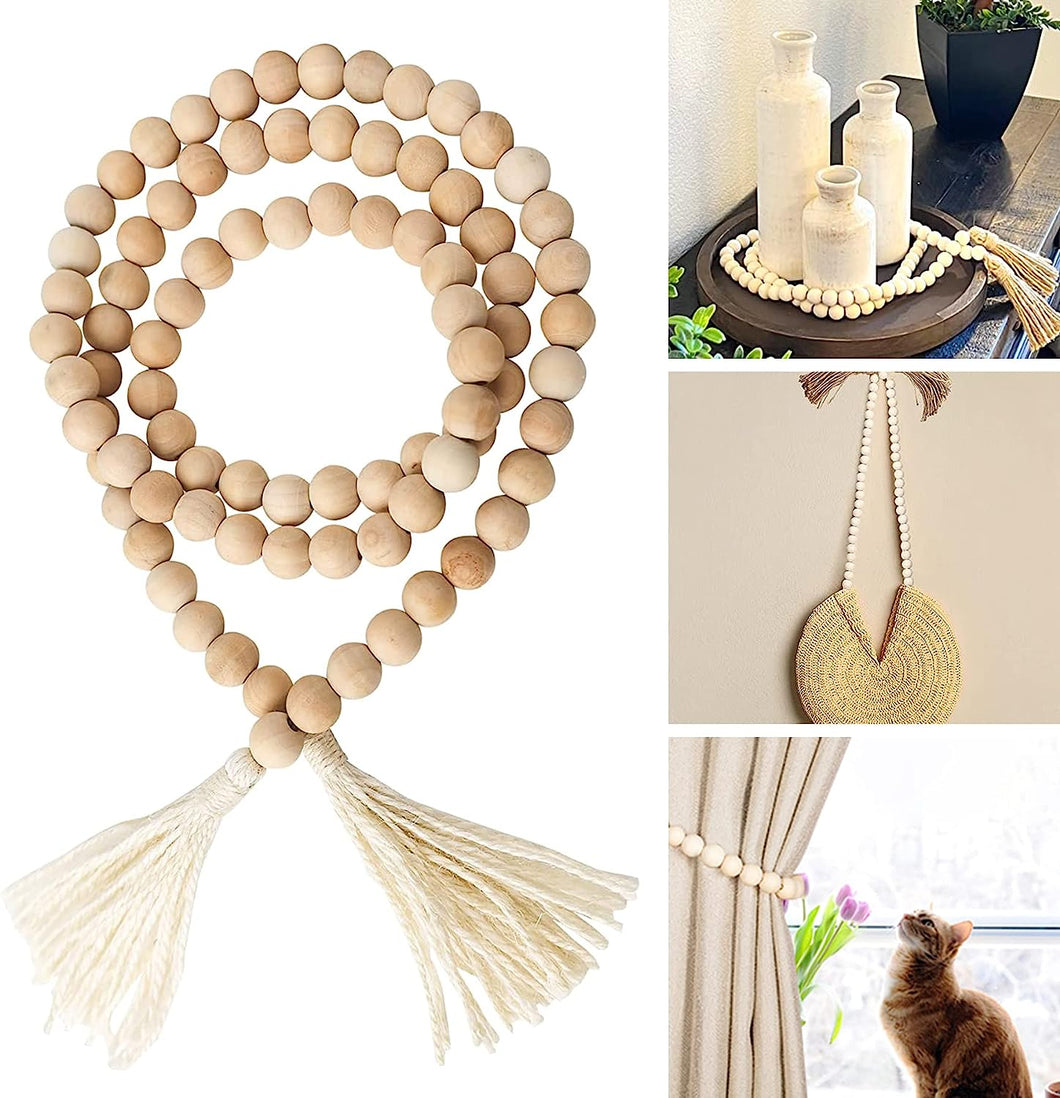 Boho Decor Wood Beads Garland, 58 Inch Wooden Beads for Farmhouse Home Decor with Tassels