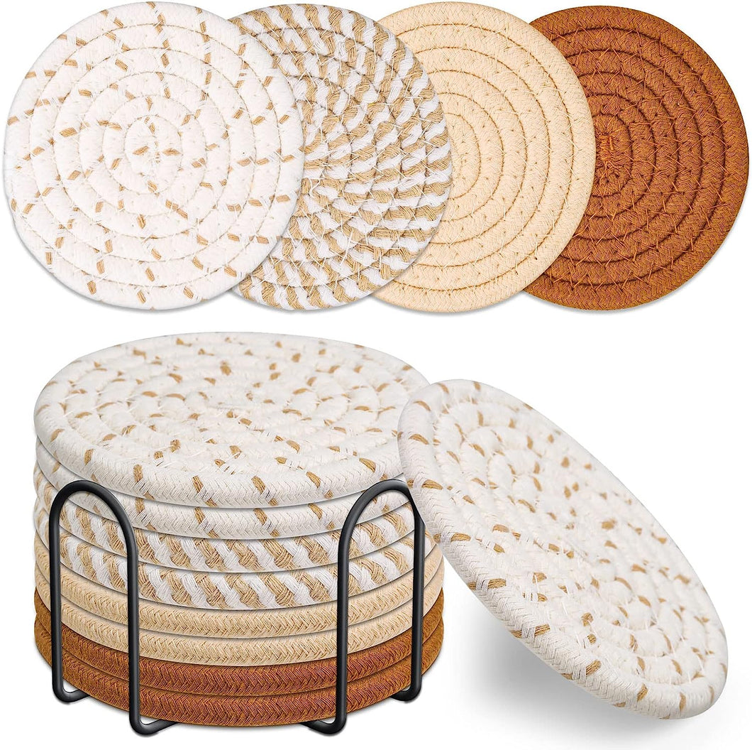 8 Pcs Drink Coasters with Holder, 4 Colors Absorbent Coasters for Drinks, Minimalist Cotton Woven Coaster Set Nature4uhome
