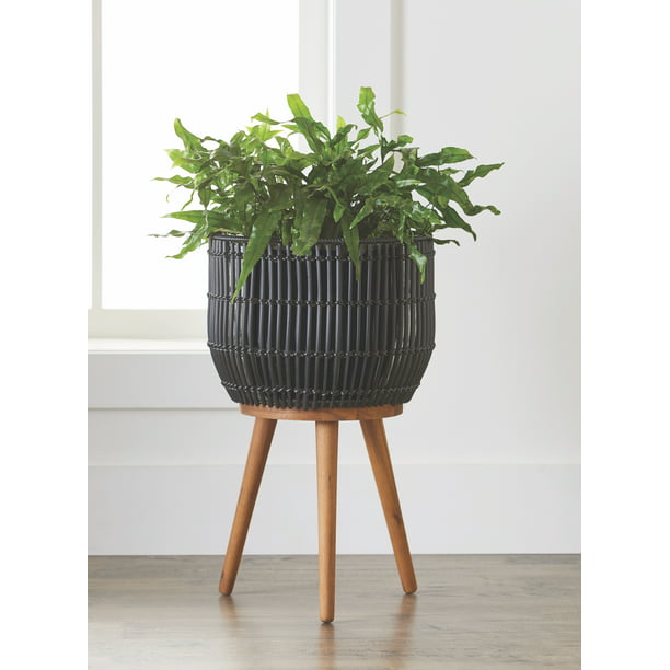 resin plant pots Better Homes & Gardens Brown Round Resin Planter & Stand Set with Wood Legs