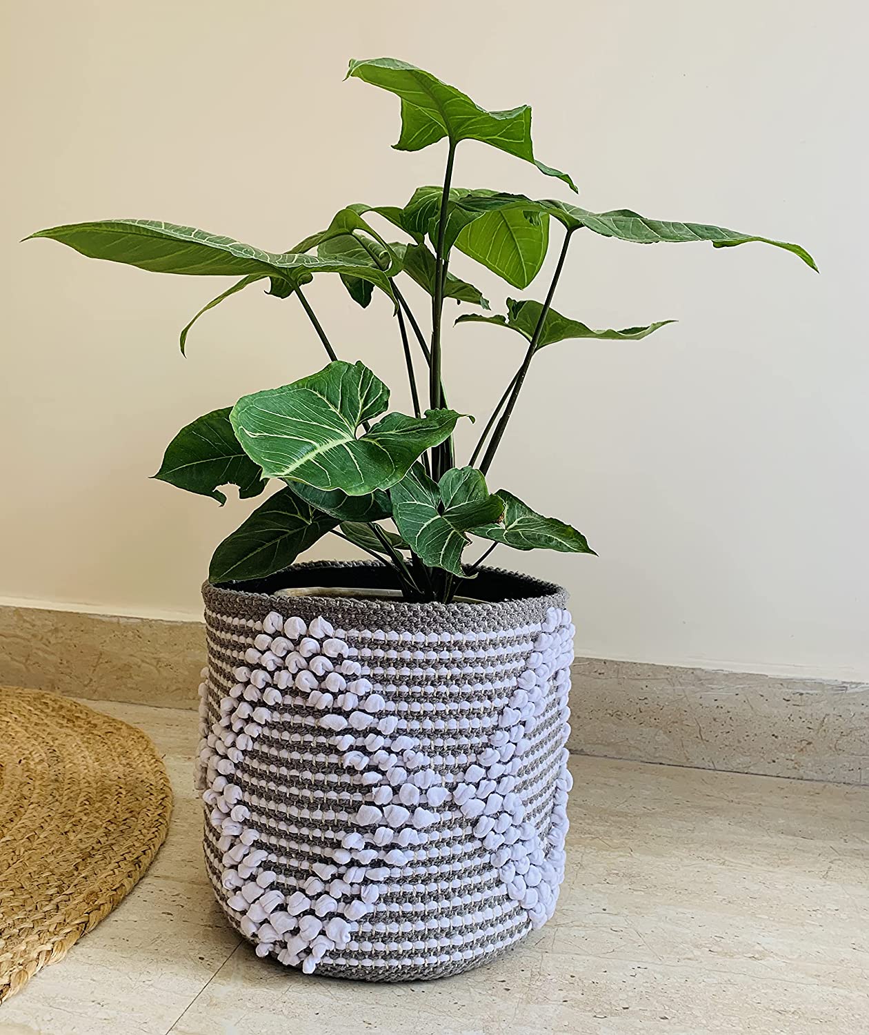 woven basket plant holder Nature4u Boho Hand Woven Plant Basket for Planters, Storage Organizer Basket , 8” x 8” (Grey)