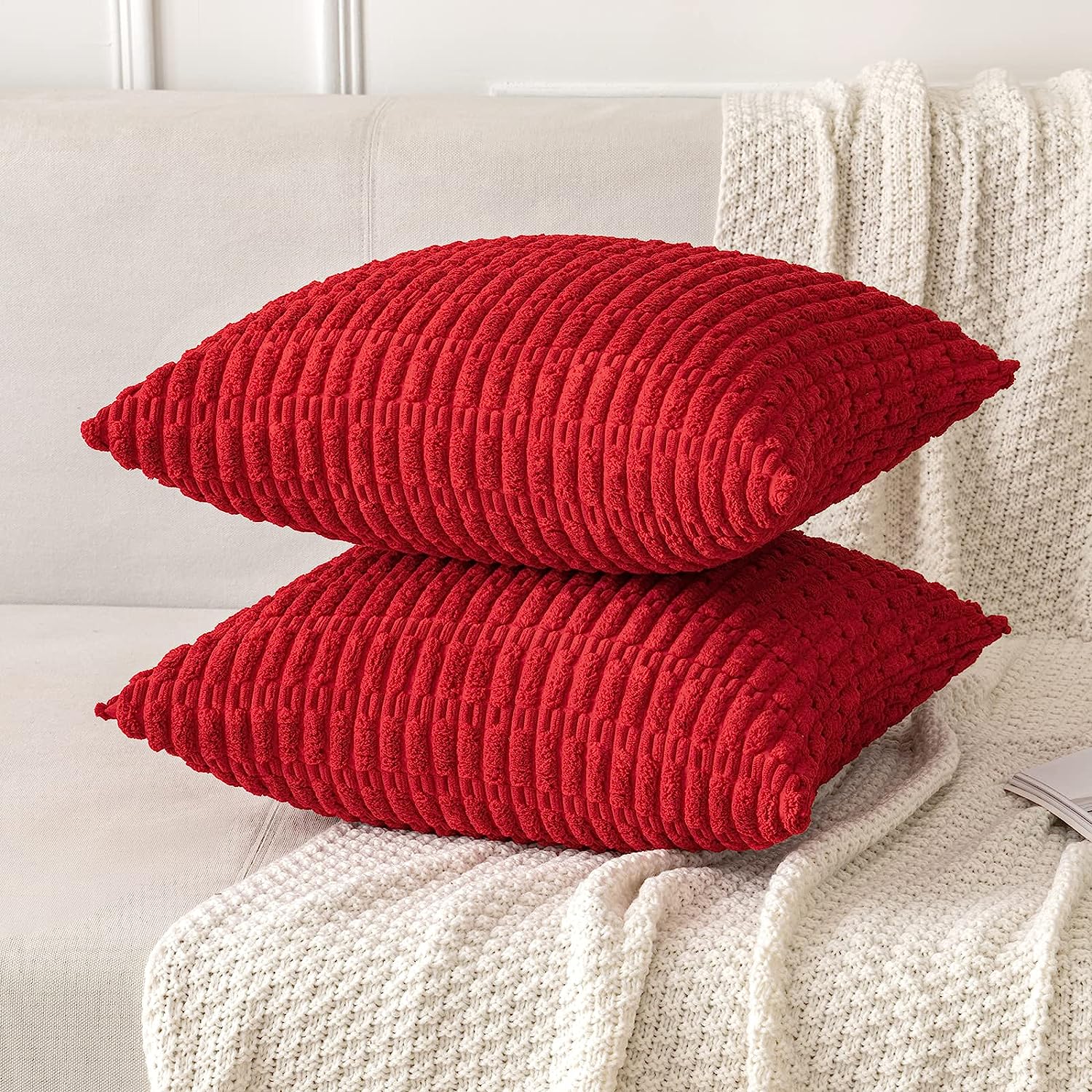 Home Brilliant Throw Pillow Covers 18x18 Solid Plush Corduroy Striped  Square Pillow Covers for Couch Set of 2 Fall Decorative Pillows for Living  Room