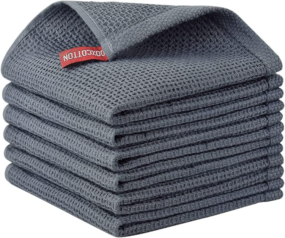 nature4uhome 100% Cotton Waffle Weave Kitchen Dish Cloths, Ultra Soft Absorbent Quick Drying Dish Towels, 12x12 Inches, 6-Pack, Dark Grey Nature4uhome